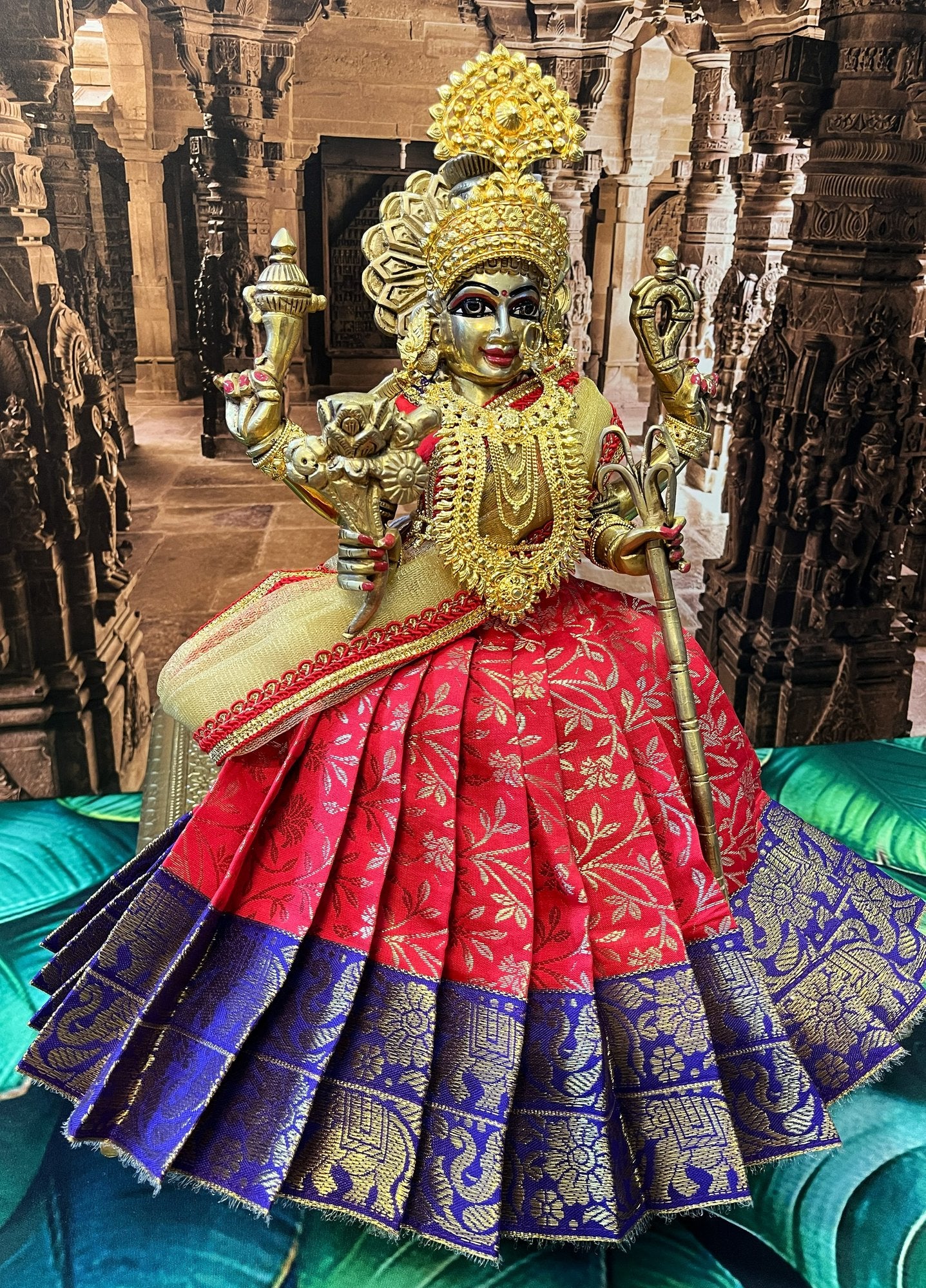 Deity half saree / lehenga patka made of Brocade Silk Fabric (Pure Silk) - Red brocade lehenga with  Blue  zari border and Gold net dupatta 5