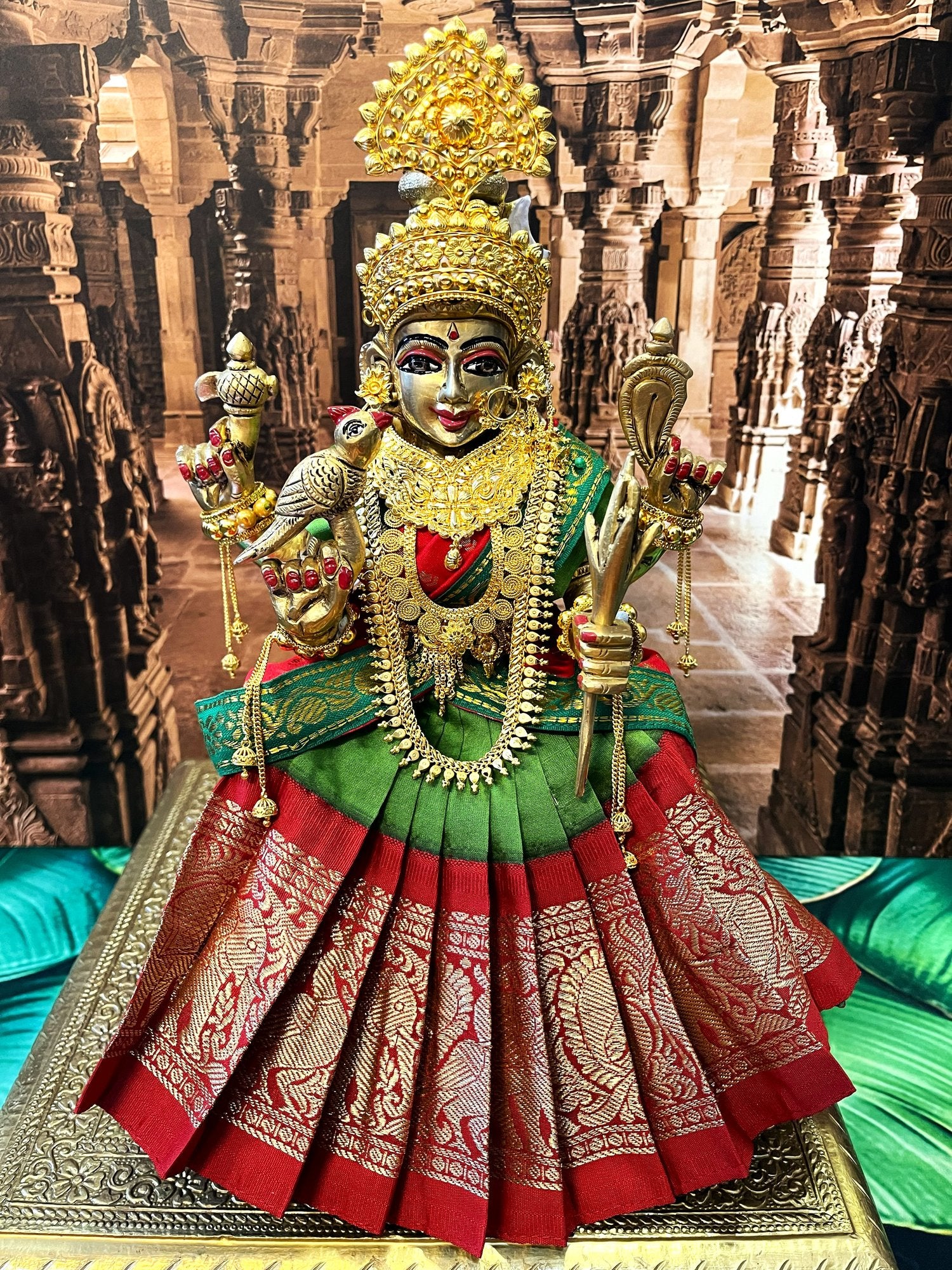 Deity half saree / lehenga patka made of Kanchivaram Pure Silk fabric. - Parrot Green colour lehenga with Red Border and Red colour dupatta 1