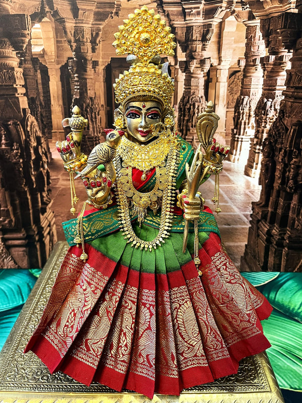 Deity half saree / lehenga patka made of Kanchivaram Pure Silk fabric. - Parrot Green colour lehenga with Red Border and Red colour dupatta