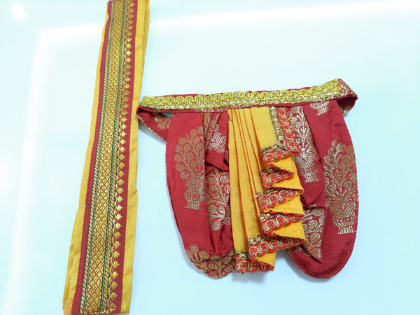 Deity Dhoti and patka shalya / Uparna vastra made of Tapeta Big Butta Silk (Not Pure Silk) - Red Dhoti with Yellow Pleats and Yellow Shalya
