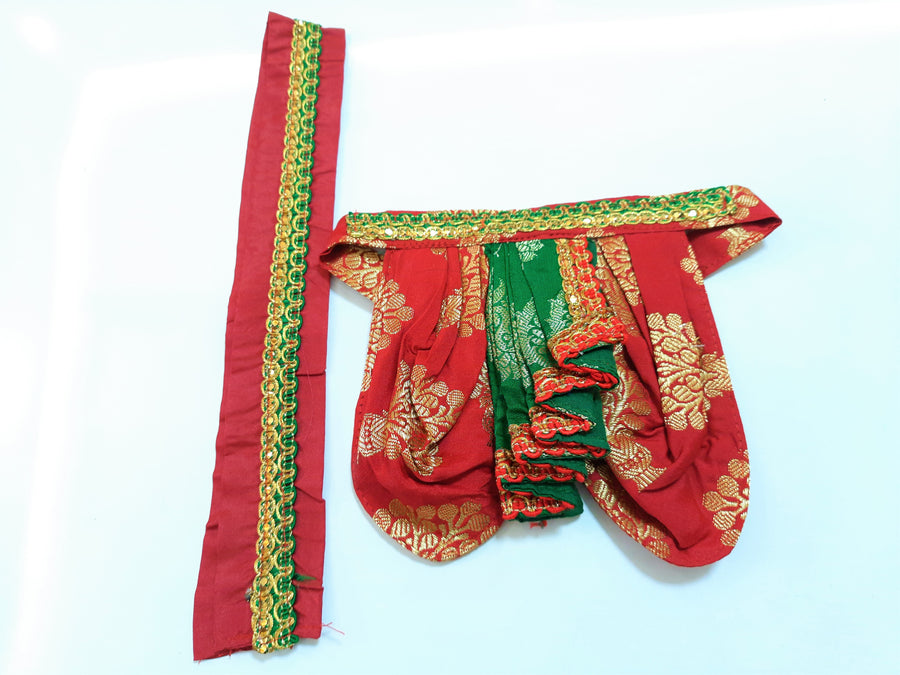 Deity Dhoti and patka shalya / Uparna vastra made of Tapeta Big Butta Silk (Not Pure Silk) - Red Dhoti with Green Pleats and Red Shalya