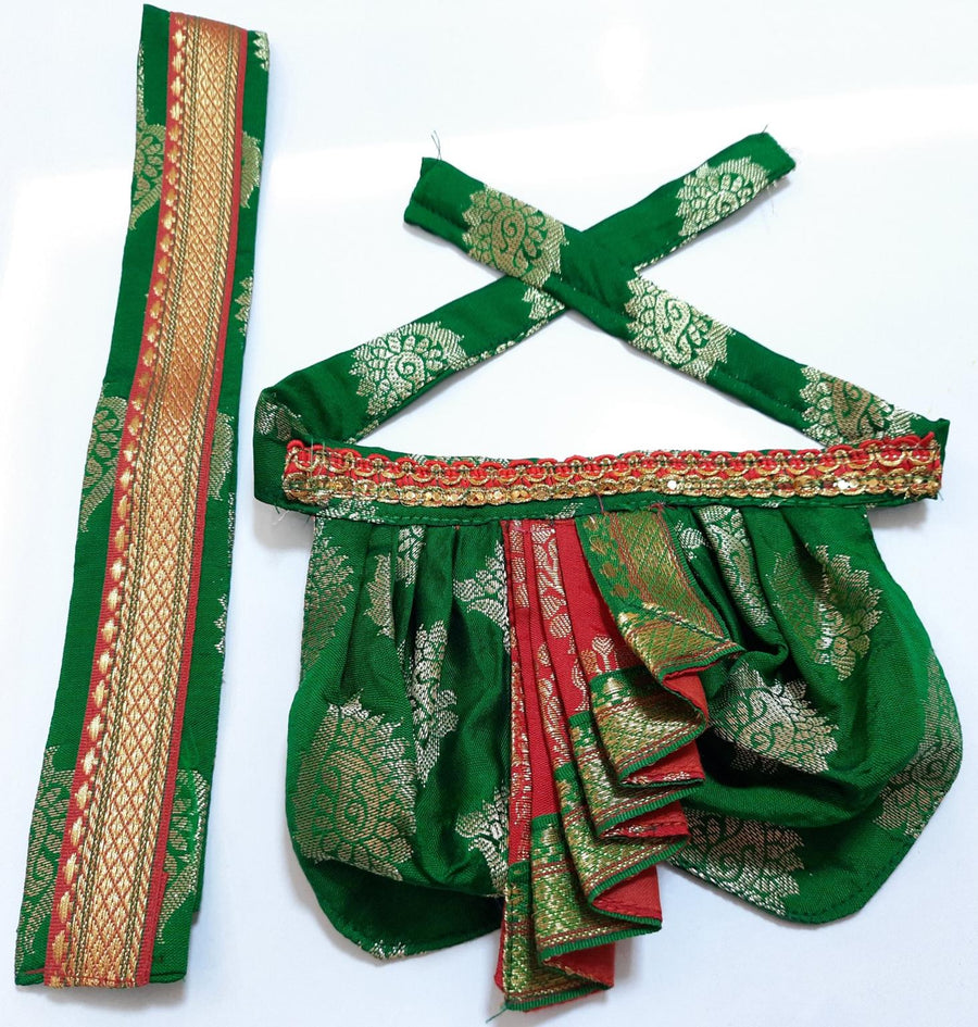 Deity Dhoti and patka shalya / Uparna vastra made of Tapeta Big Butta Silk (Not Pure Silk) - Green Dhoti with Red Pleats and Green Shalya