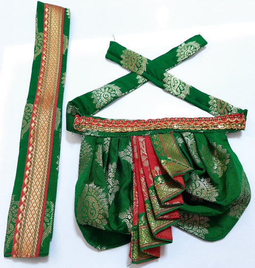 Deity Dhoti and patka shalya / Uparna vastra made of Tapeta Big Butta Silk (Not Pure Silk) - Green Dhoti with Red Pleats and Green Shalya
