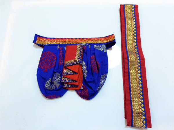 Deity Dhoti and patka shalya / Uparna vastra made of Tapeta Big Butta Silk (Not Pure Silk) - Royal Blue Dhoti with Red Pleats and Red Shalya