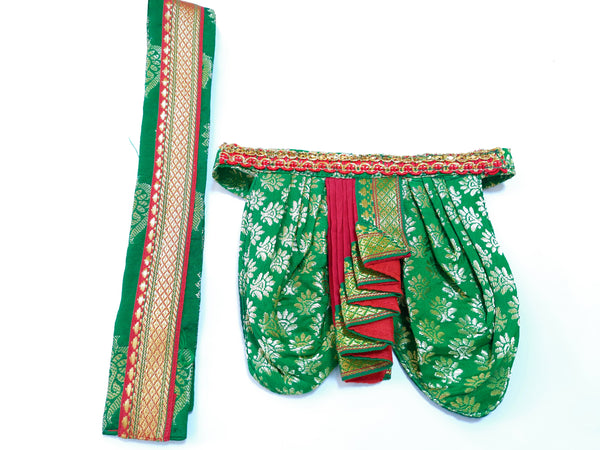 Deity Dhoti and patka shalya / Uparna vastra made of Tapeta Big Butta Silk (Not Pure Silk) - Green Dhoti with Red Pleats and Red Shalya