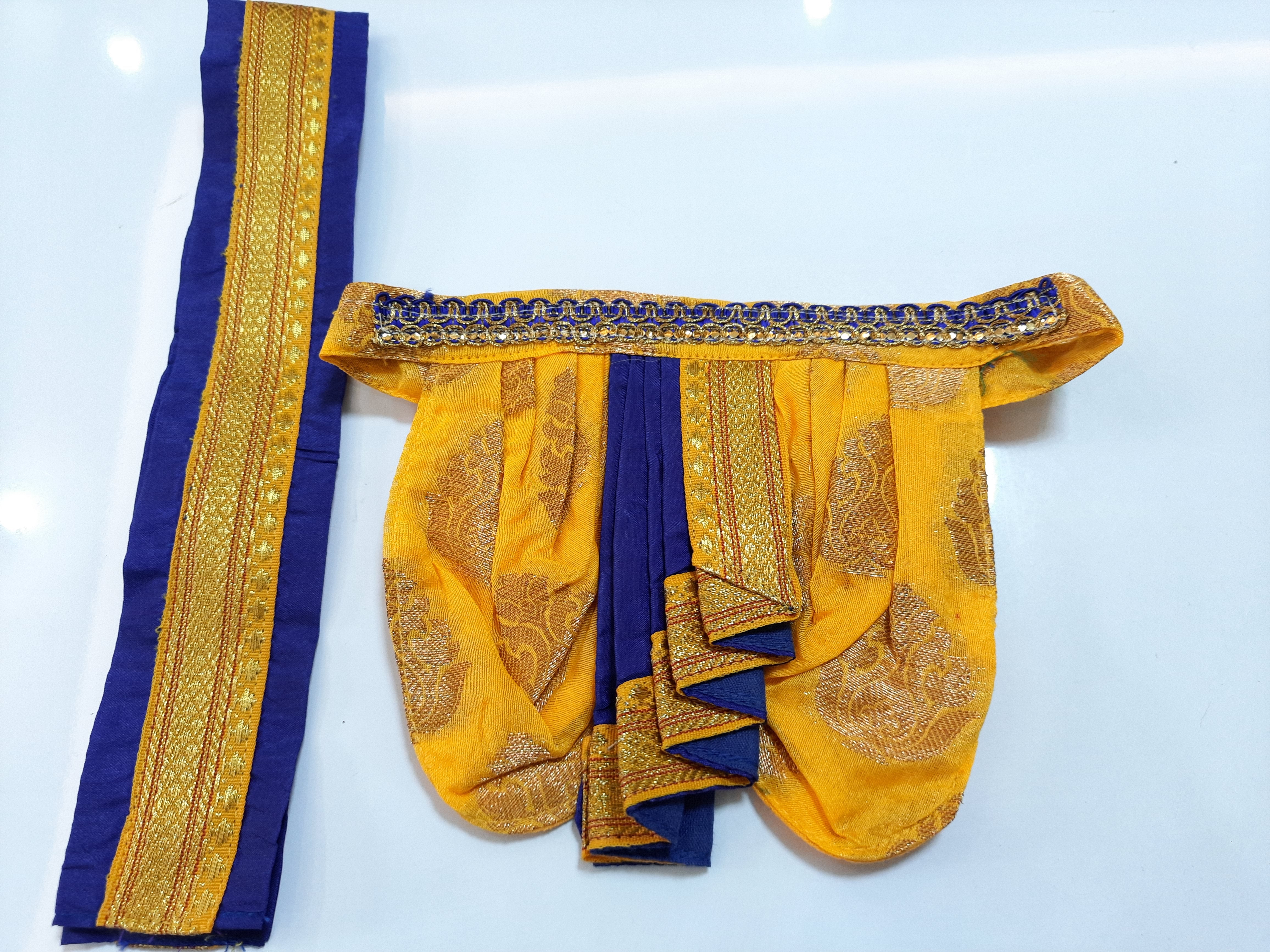 Deity Dhoti and patka shalya / Uparna vastra made of Tapeta Big Butta Silk (Not Pure Silk) - Yellow Dhoti with Royal Blue Pleats and Royal Blue Shalya 1