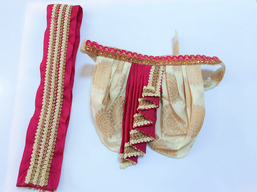 Deity Dhoti and patka shalya / Uparna vastra made of Tapeta Big Butta Silk (Not Pure Silk) - Off-White Dhoti with Pink Pleats and Pink Shalya