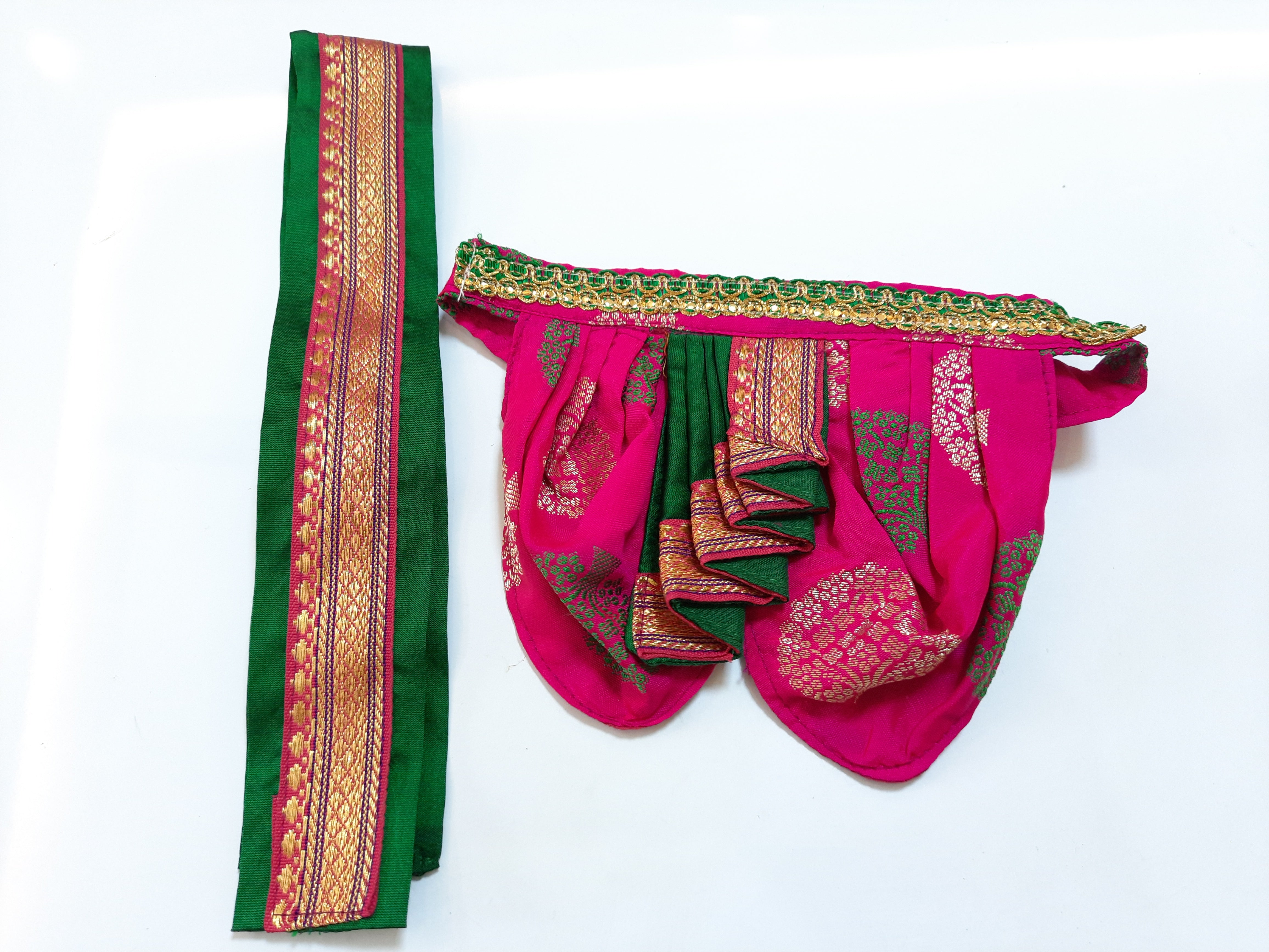 Deity Dhoti and patka shalya / Uparna vastra made of Tapeta Big Butta Silk (Not Pure Silk) - Rani Pink Dhoti with Green Pleats and Green Shalya 1
