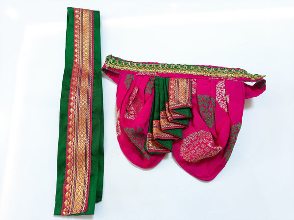 Deity Dhoti and patka shalya / Uparna vastra made of Tapeta Big Butta Silk (Not Pure Silk) - Rani Pink Dhoti with Green Pleats and Green Shalya