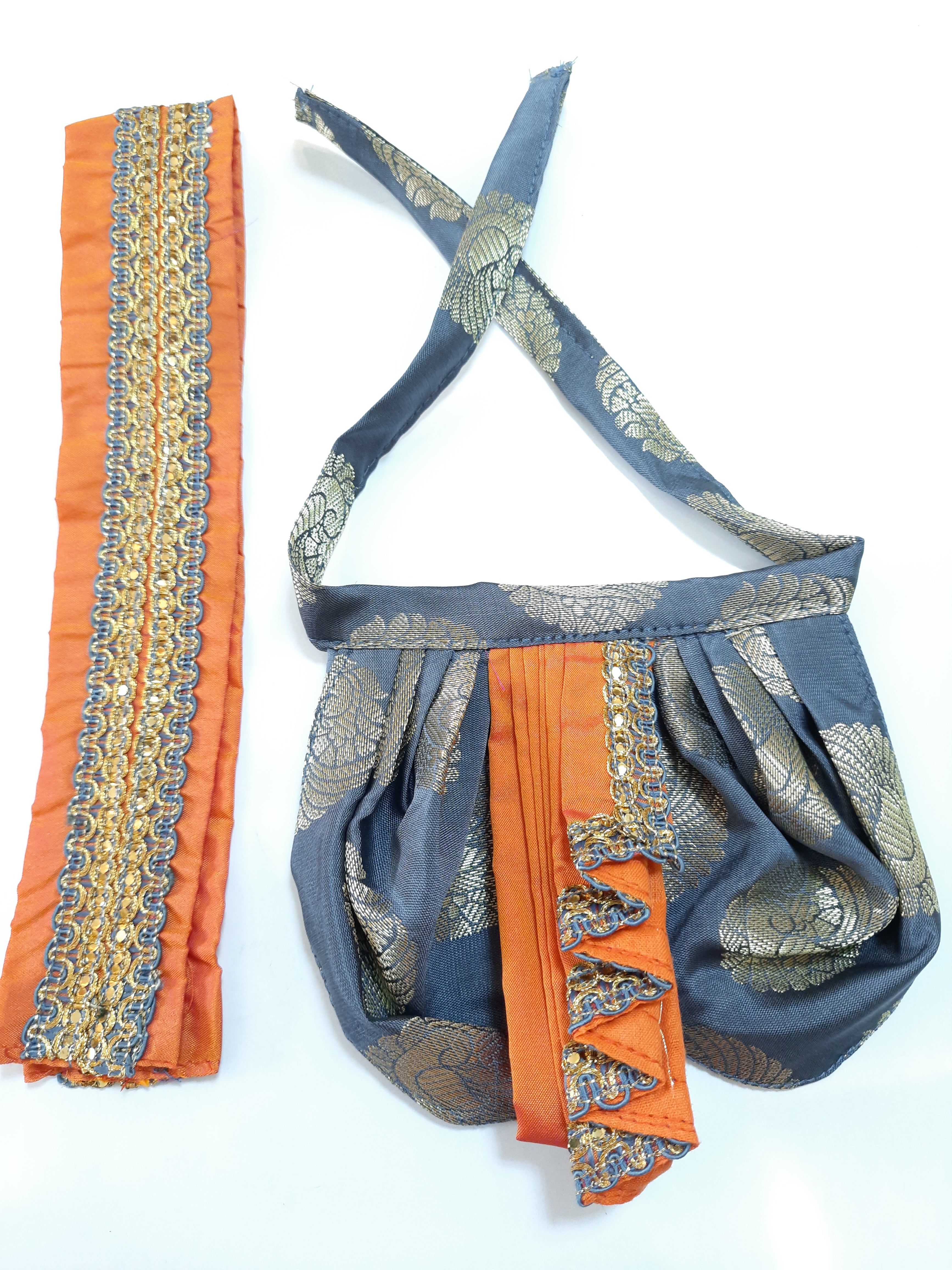Deity Dhoti and patka shalya / Uparna vastra made of Tapeta Big Butta Silk (Not Pure Silk) - Grey Dhoti with Orange Pleats and Orange Shalya 1