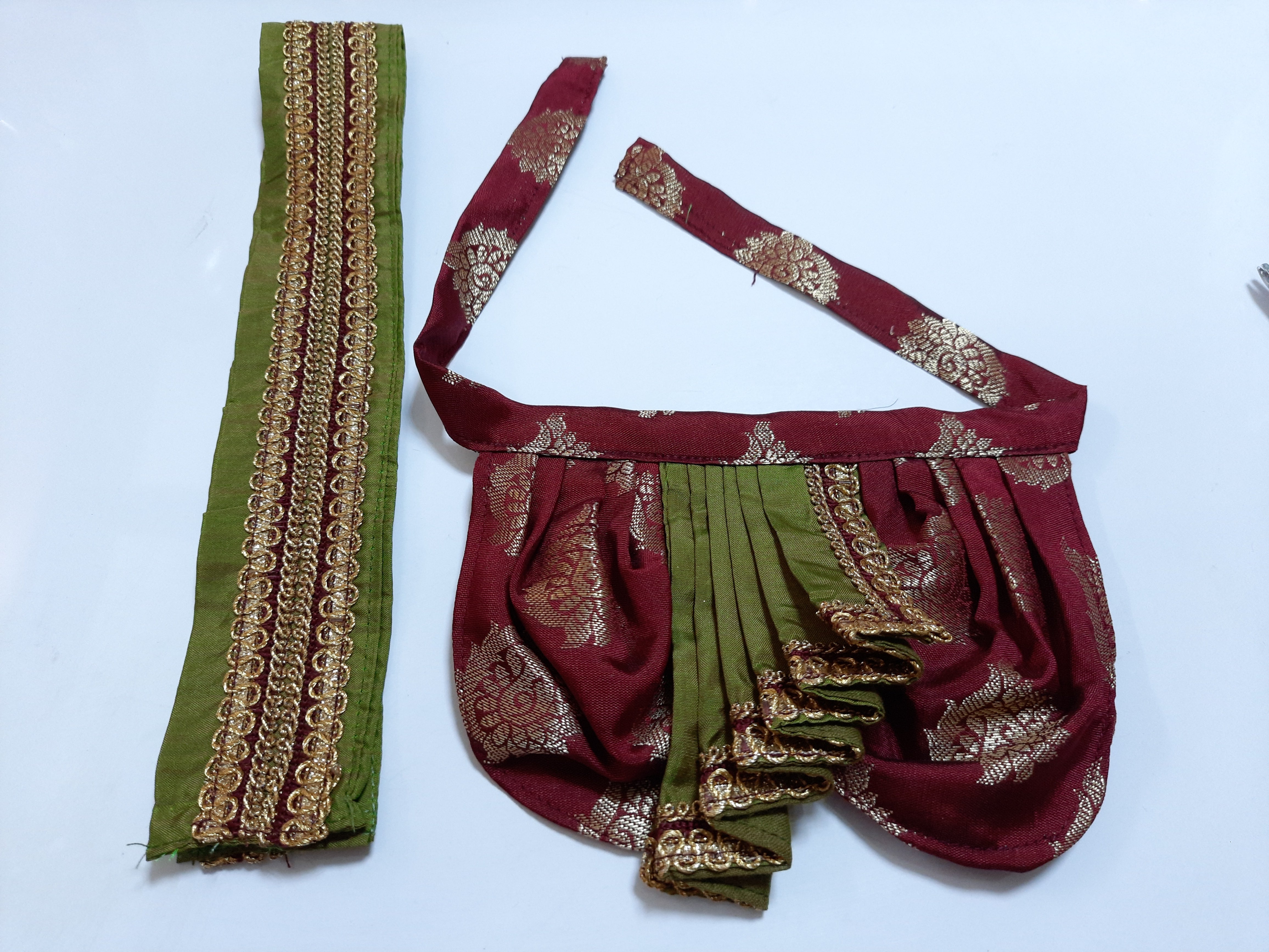Deity Dhoti and patka shalya / Uparna vastra made of Tapeta Big Butta Silk (Not Pure Silk) - Maroon Dhoti with Olive Green Pleats and Olive Green Shalya 1