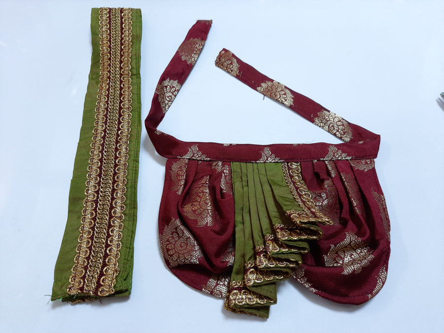 Deity Dhoti and patka shalya / Uparna vastra made of Tapeta Big Butta Silk (Not Pure Silk) - Maroon Dhoti with Olive Green Pleats and Olive Green Shalya