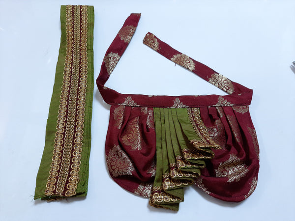 Deity Dhoti and patka shalya / Uparna vastra made of Tapeta Big Butta Silk (Not Pure Silk) - Maroon Dhoti with Olive Green Pleats and Olive Green Shalya