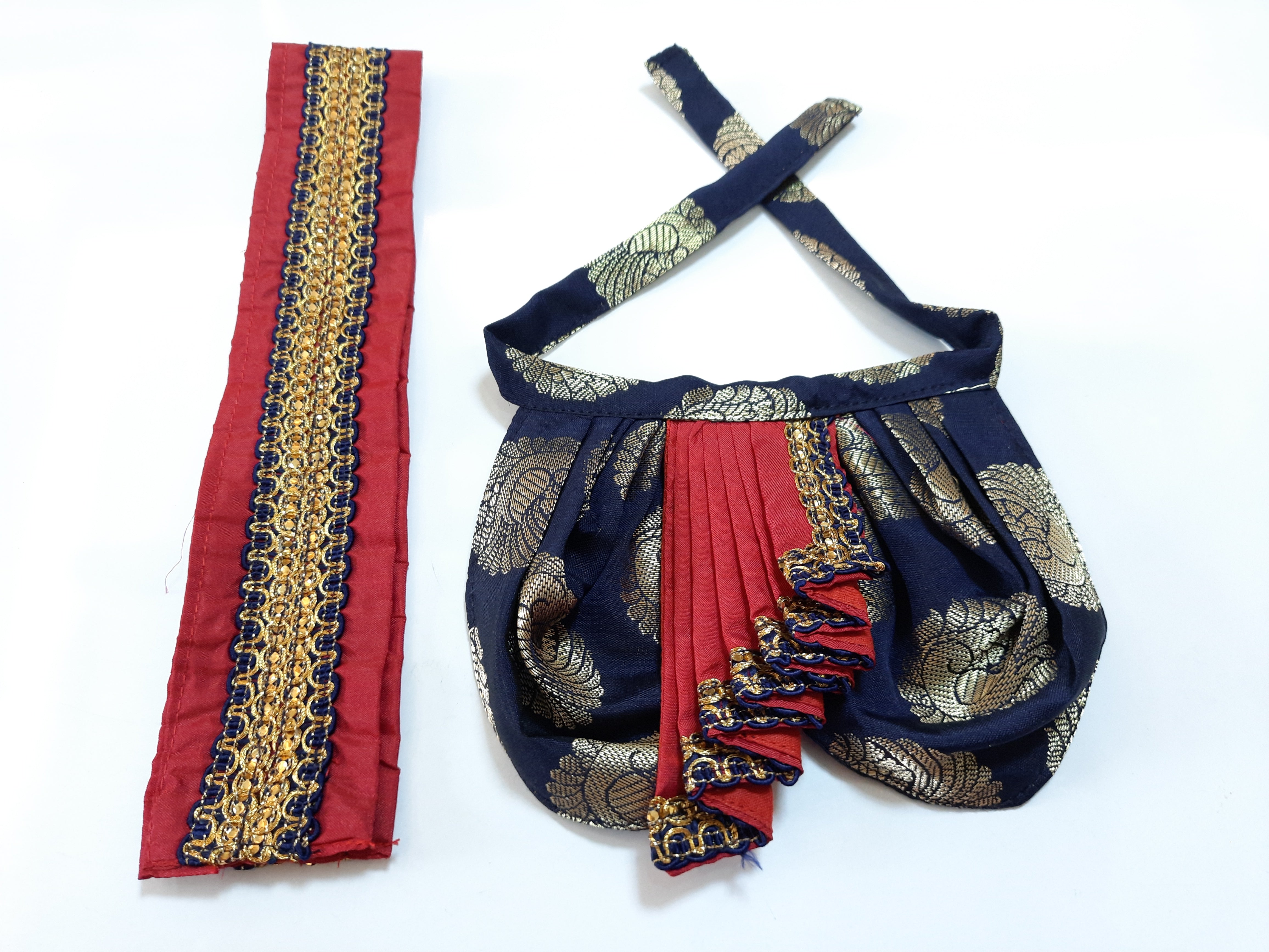 Deity Dhoti and patka shalya / Uparna vastra made of Tapeta Big Butta Silk (Not Pure Silk) - Navy Blue Dhoti with Red Pleats and Red Shalya 1