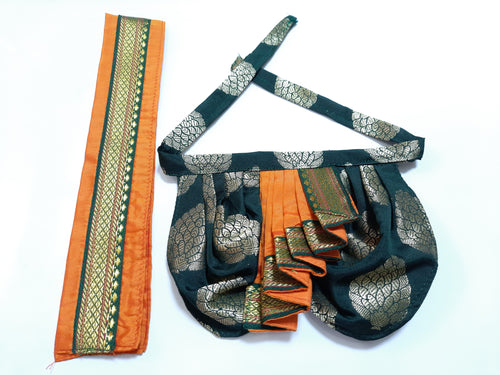 Deity Dhoti and patka shalya / Uparna vastra made of Tapeta Big Butta Silk (Not Pure Silk) - Bottle Green Dhoti with Orange Pleats and Orange Shalya