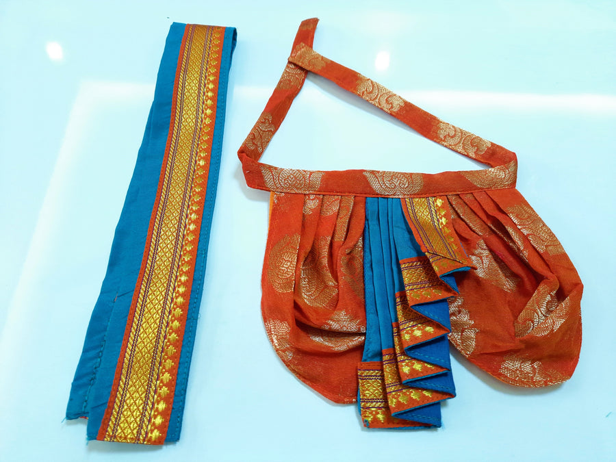 Deity Dhoti and patka shalya / Uparna vastra made of Tapeta Big Butta Silk (Not Pure Silk) - Orange Dhoti with Sky Blue Pleats and Sky Blue Shalya