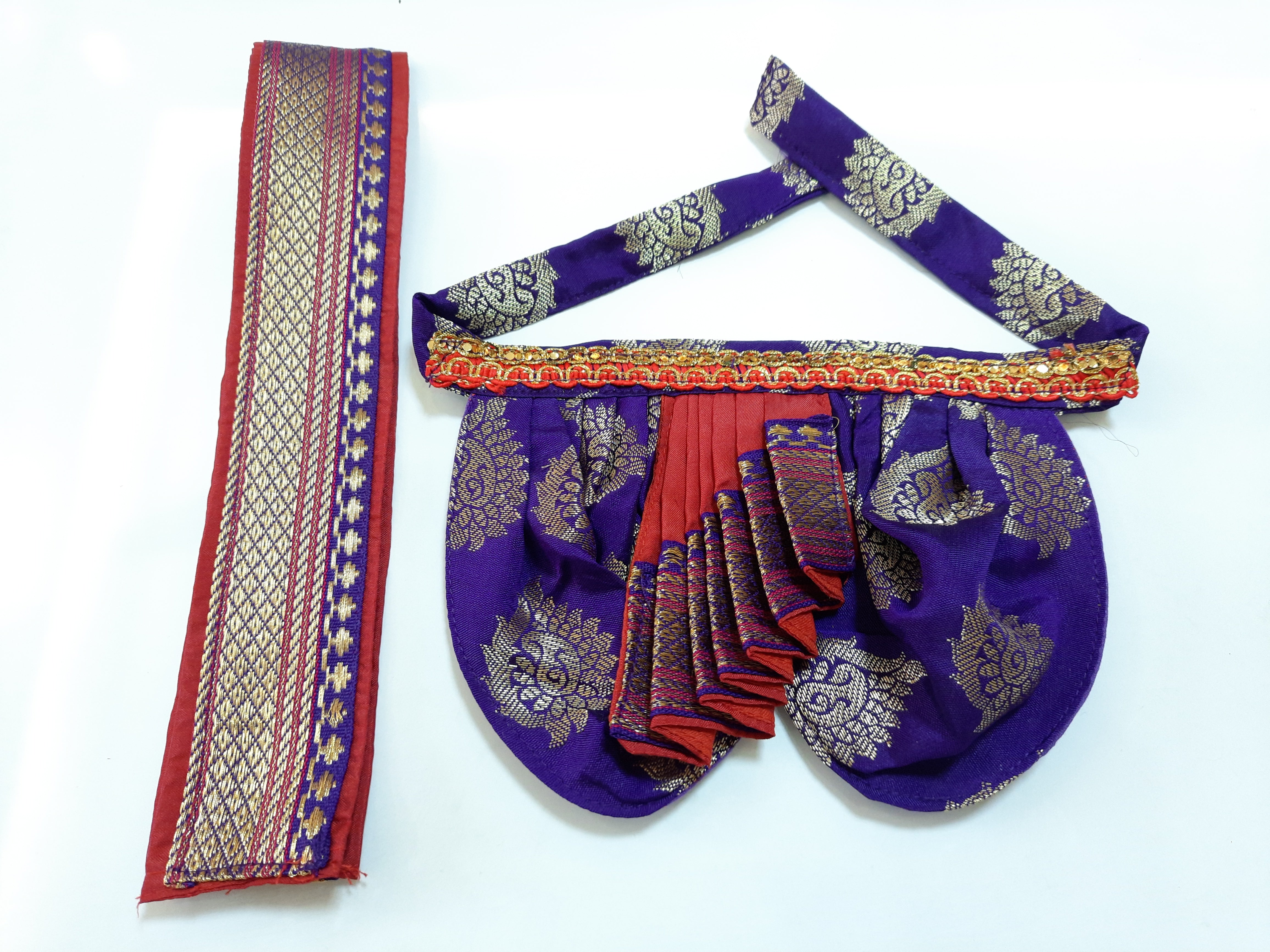 Deity Dhoti and patka shalya / Uparna vastra made of Tapeta Big Butta Silk (Not Pure Silk) - Indigo Dhoti with Red Pleats and Red Shalya 1