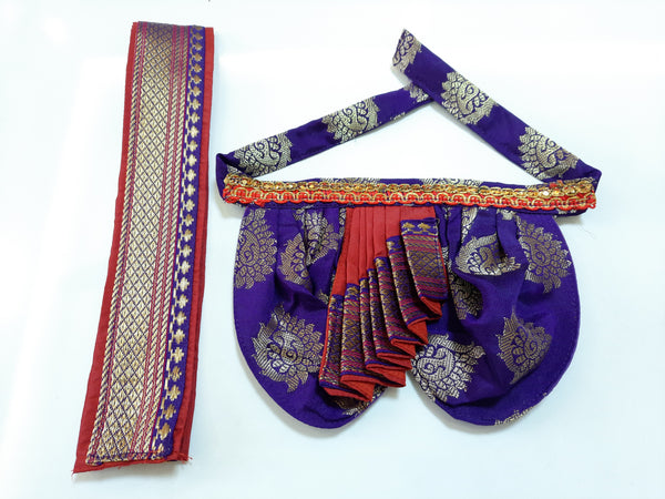 Deity Dhoti and patka shalya / Uparna vastra made of Tapeta Big Butta Silk (Not Pure Silk) - Indigo Dhoti with Red Pleats and Red Shalya