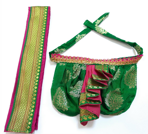 Deity Dhoti and patka shalya / Uparna vastra made of Tapeta Big Butta Silk (Not Pure Silk) - Green Dhoti with Pink Pleats and Pink Shalya