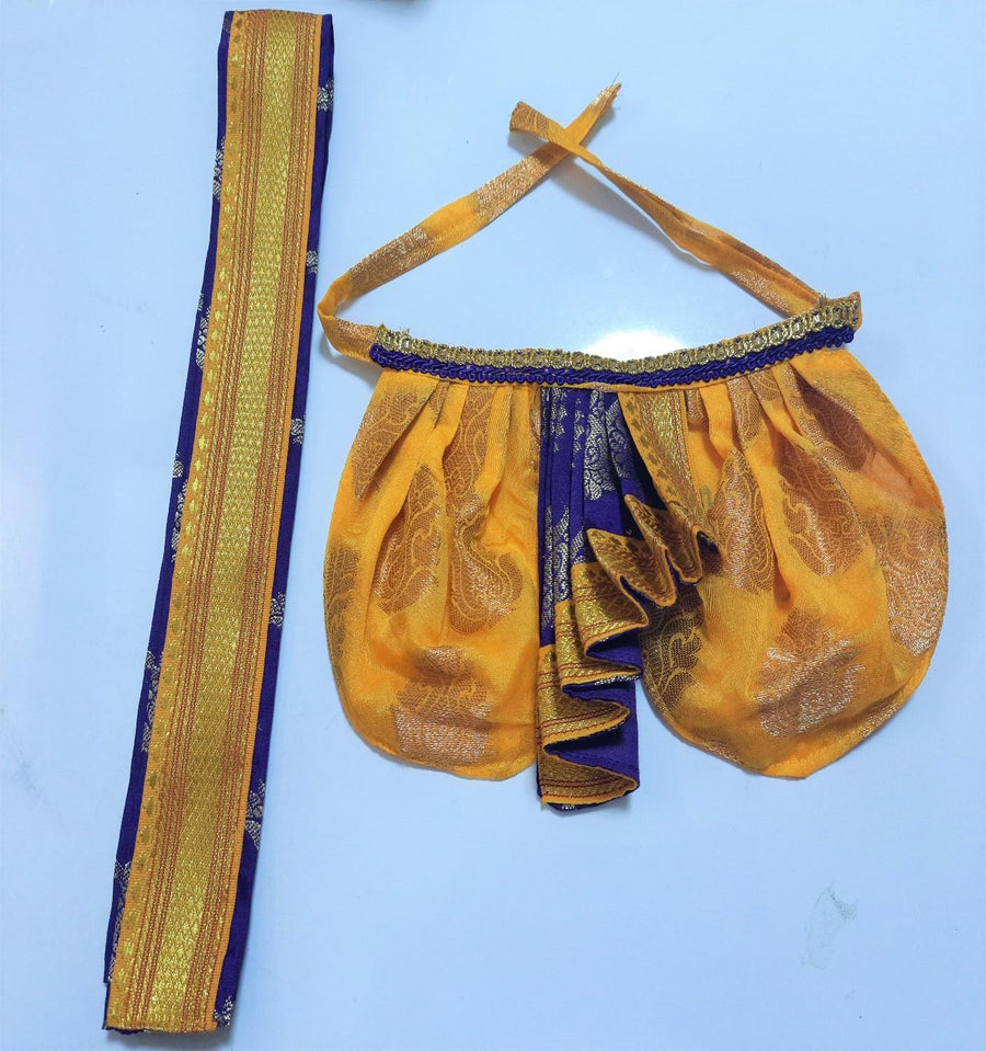 Deity Dhoti and patka shalya / Uparna vastra made of Tapeta Big Butta Silk (Not Pure Silk) - Yellow Dhoti with Purple Pleats and Purple Shalya