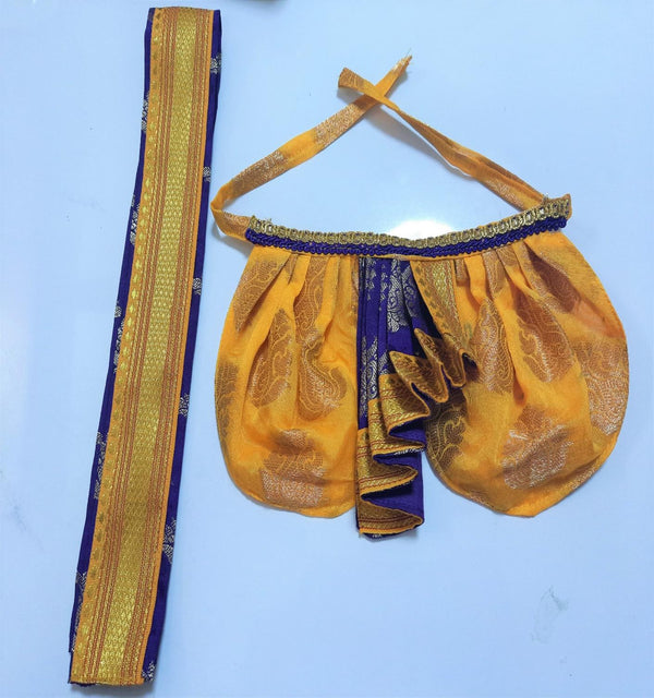 Deity Dhoti and patka shalya / Uparna vastra made of Tapeta Big Butta Silk (Not Pure Silk) - Yellow Dhoti with Purple Pleats and Purple Shalya