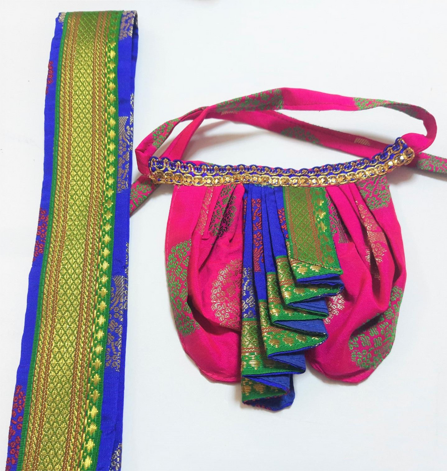 Deity Dhoti and patka shalya / Uparna vastra made of Tapeta Big Butta Silk (Not Pure Silk) - Rani Pink Dhoti with Royal Blue Pleats and Royal Blue Shalya