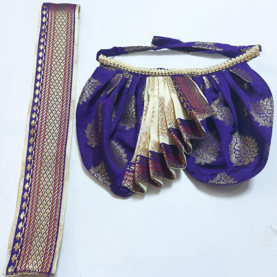 Deity Dhoti and patka shalya / Uparna vastra made of Tapeta Big Butta Silk (Not Pure Silk) - Purple Dhoti with Off-White Pleats and Off-White Shalya