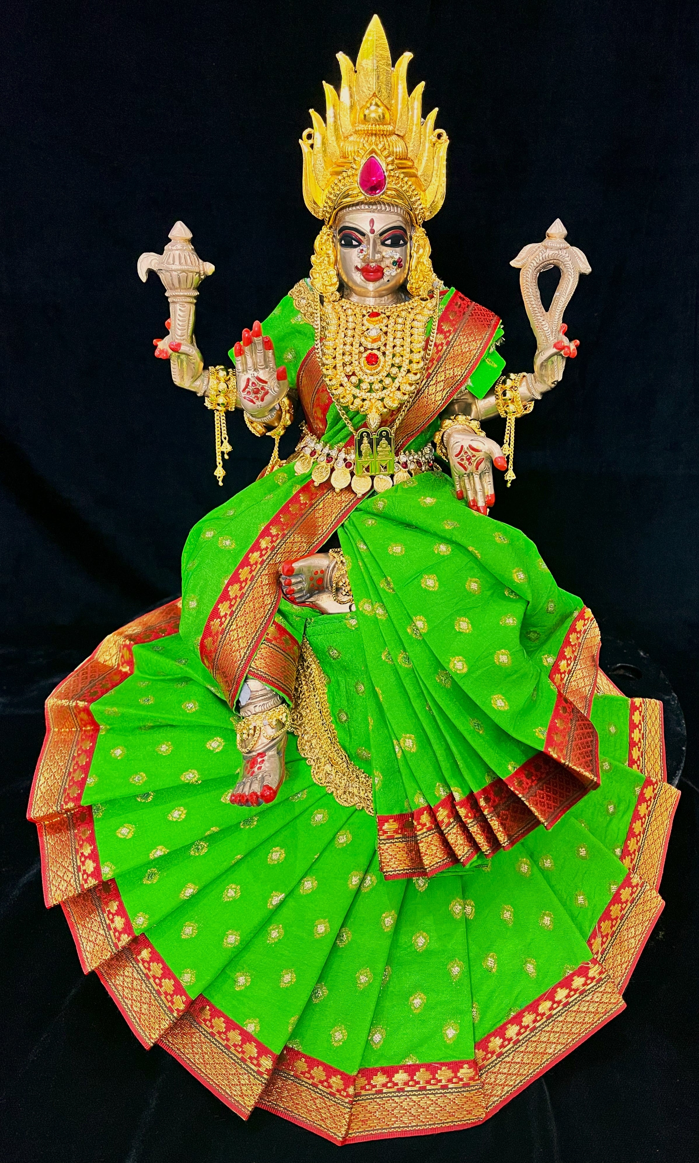 Royal Pre-Stitched Temple style ready saree made of Chanderi Silk (Not Pure Silk) - Parrot Green saree with red border 1