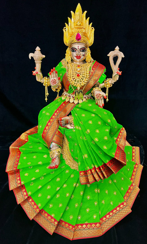 Royal Pre-Stitched Temple style ready saree made of Chanderi Silk (Not Pure Silk) - Parrot Green saree with red border