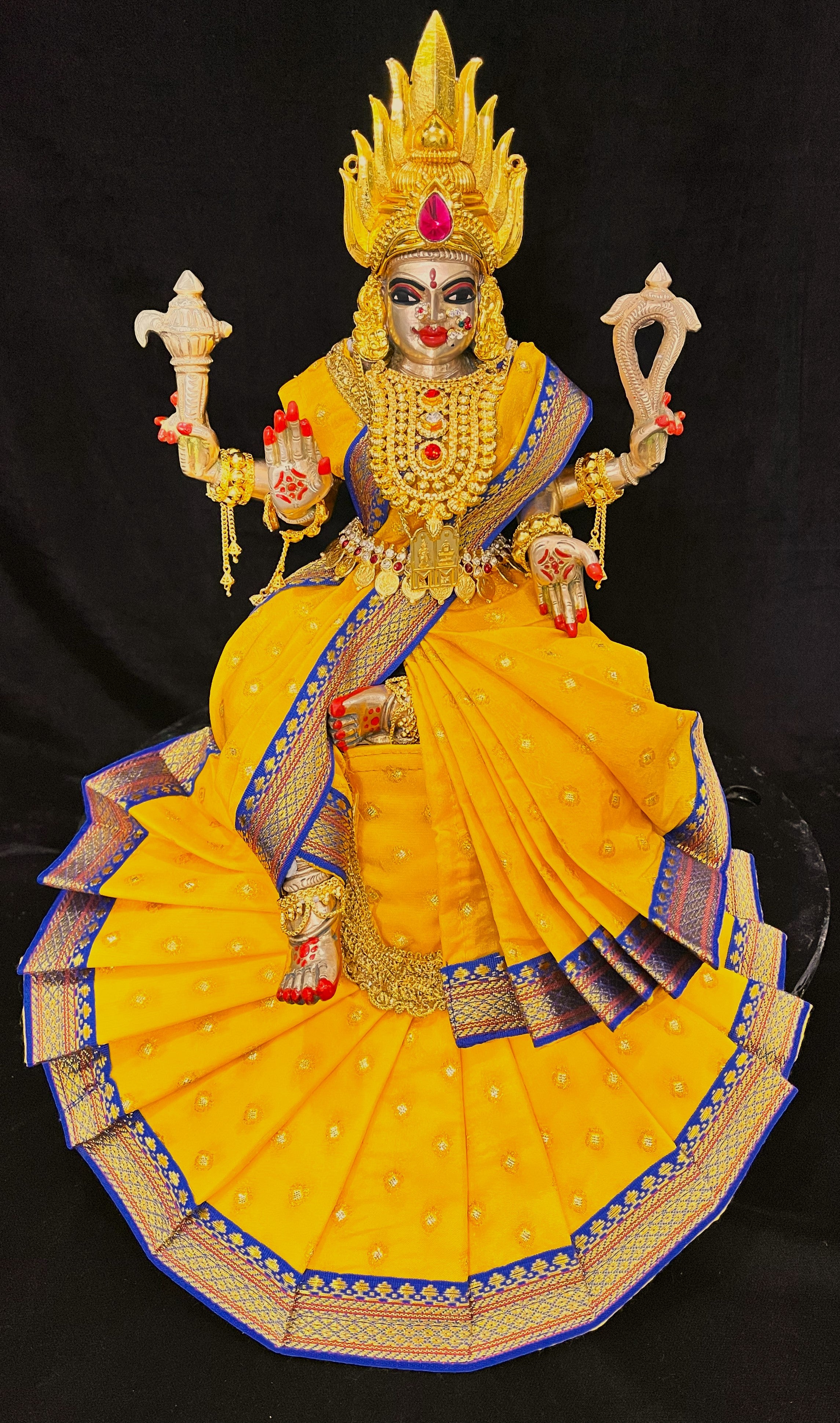 Royal Pre-Stitched Temple style ready saree made of Chanderi Silk (Not Pure Silk) - Yellow saree with Blue border 1