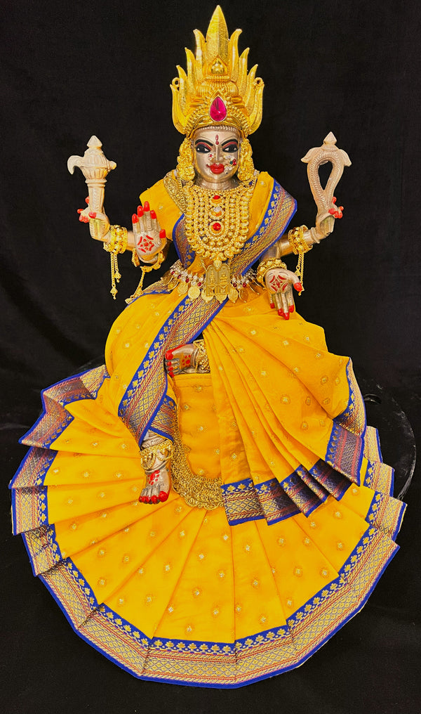 Royal Pre-Stitched Temple style ready saree made of Chanderi Silk (Not Pure Silk) - Yellow saree with Blue border