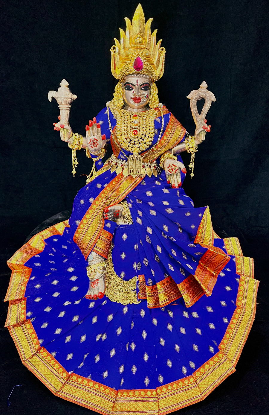 Royal Pre-Stitched Temple style ready saree made of Chanderi Silk (Not Pure Silk) - Royal Blue saree with Orange border