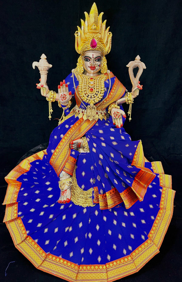 Royal Pre-Stitched Temple style ready saree made of Chanderi Silk (Not Pure Silk) - Royal Blue saree with Orange border