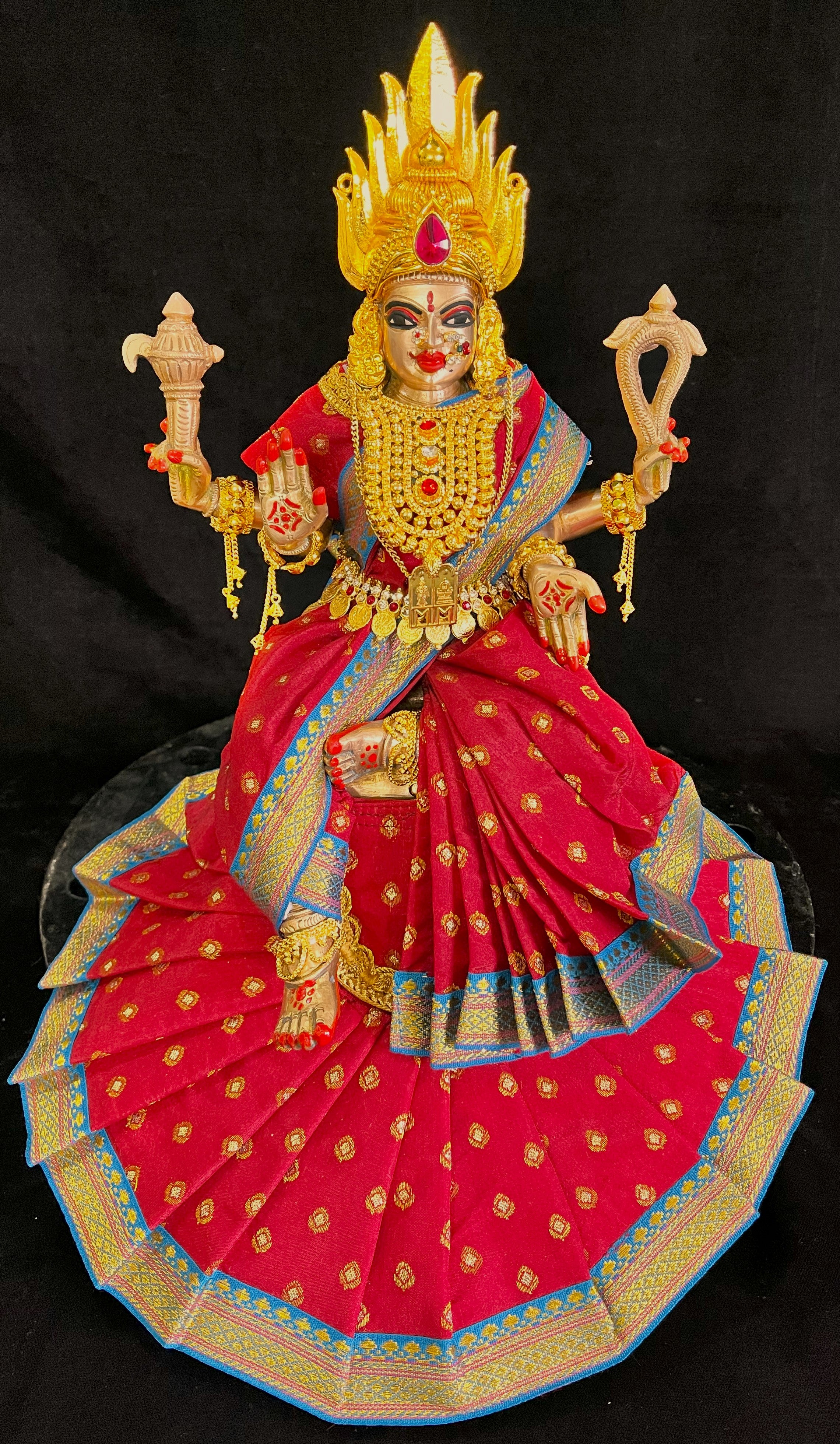 Royal Pre-Stitched Temple style ready saree made of Chanderi Silk (Not Pure Silk) - Red saree with Sky Blue border 1