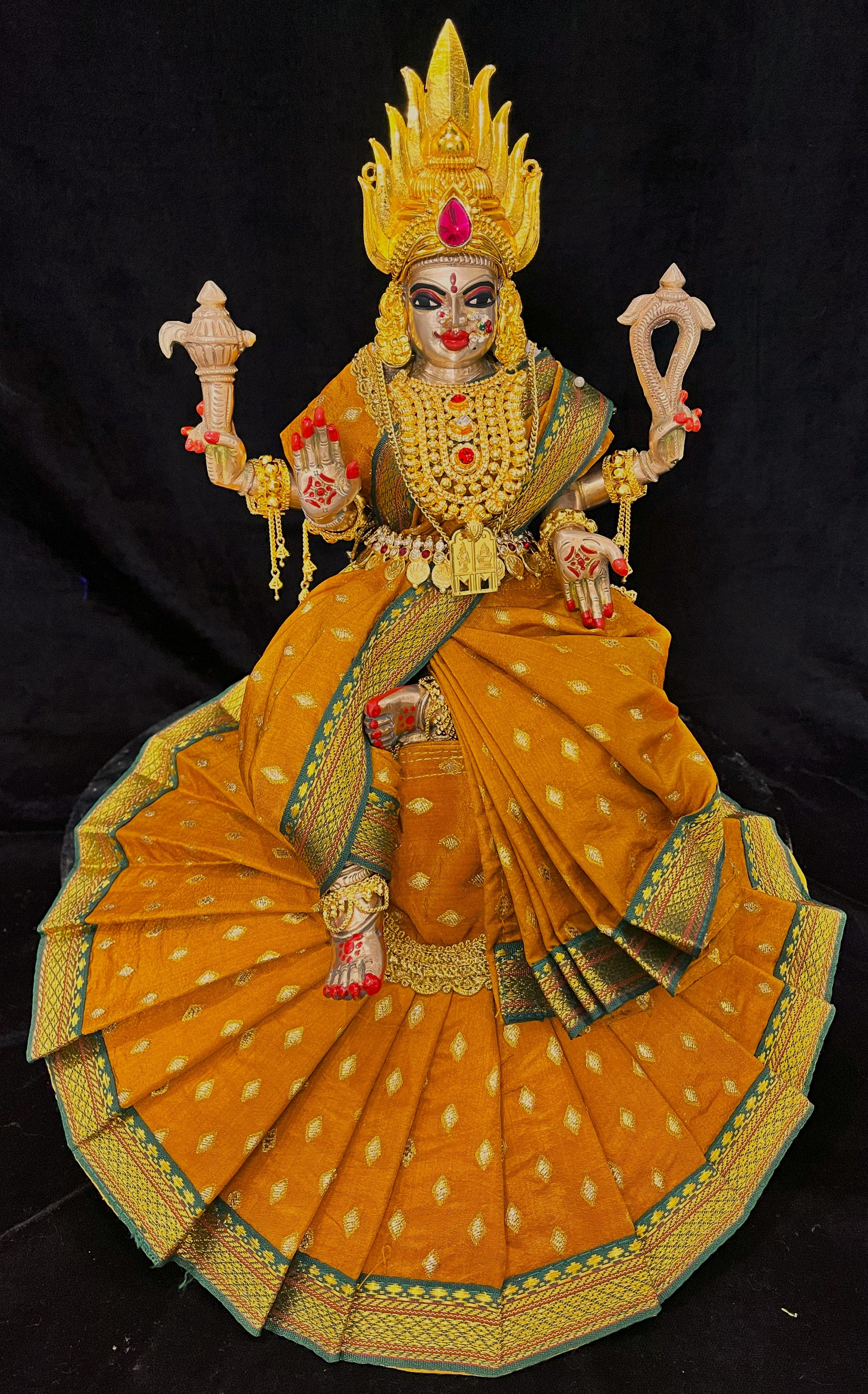 Royal Pre-Stitched Temple style ready saree made of Chanderi Silk (Not Pure Silk) - Mustard Yellow saree with Bottle Green border 1