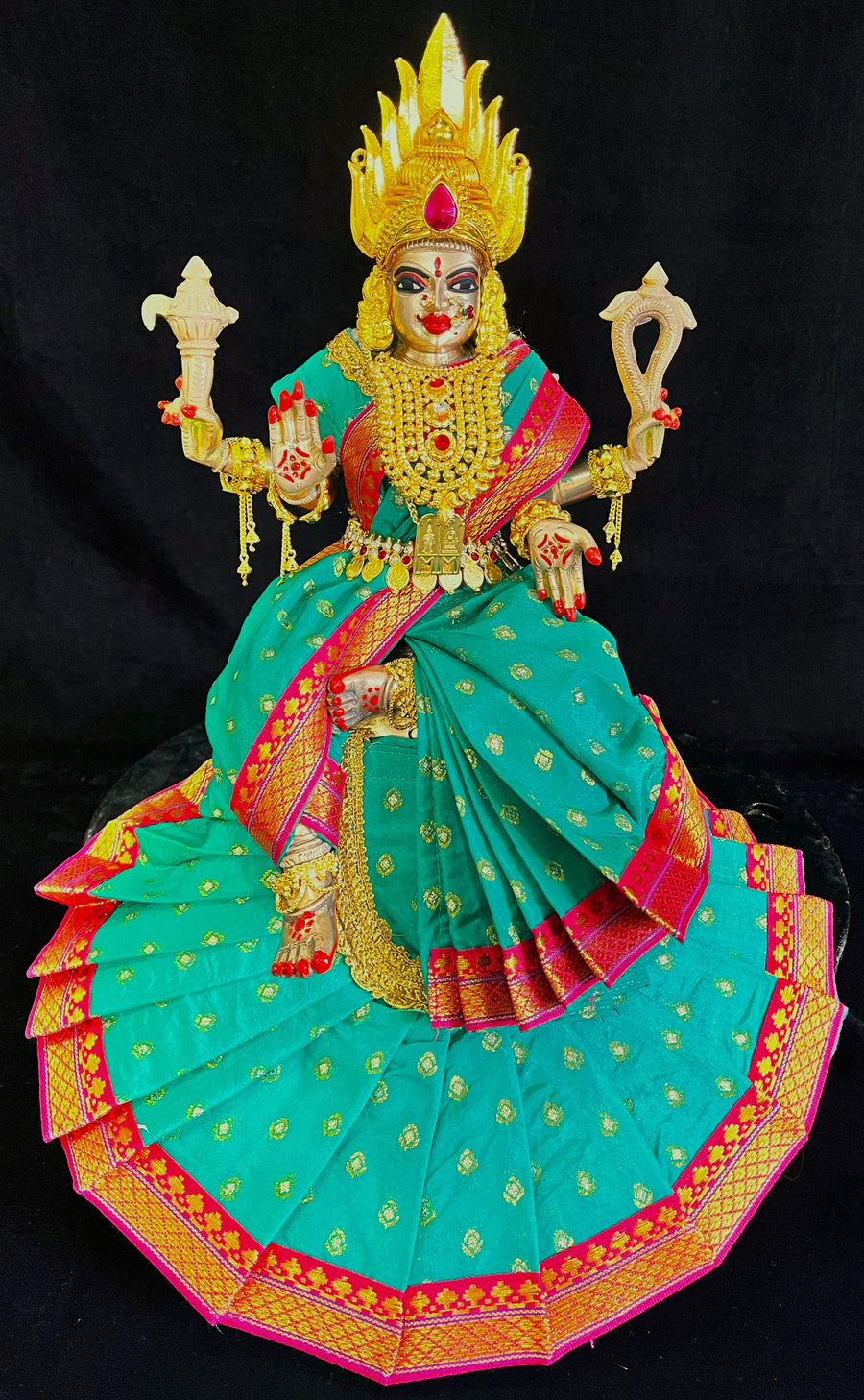 Royal Pre-Stitched Temple style ready saree made of Chanderi Silk (Not Pure Silk) - Rama Green saree with Red border