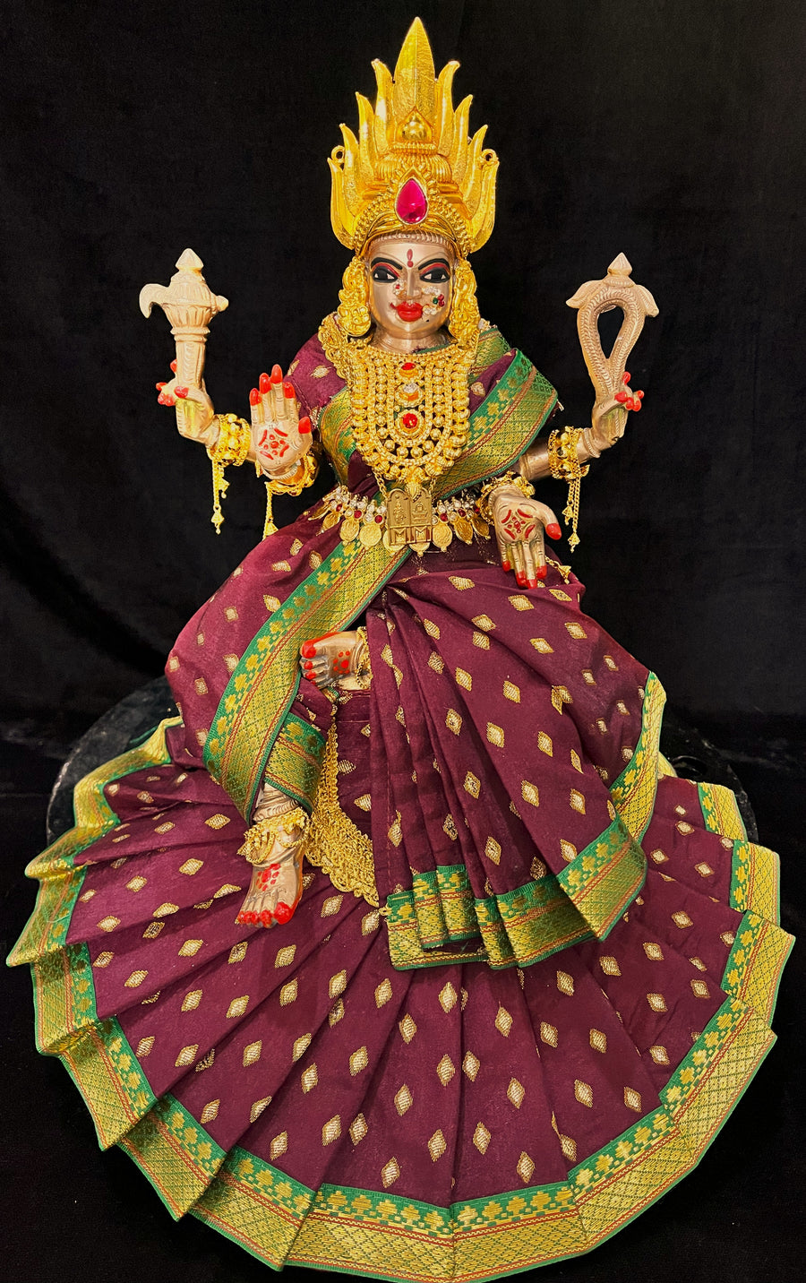Royal Pre-Stitched Temple style ready saree made of Chanderi Silk (Not Pure Silk) - Brown saree with Green border