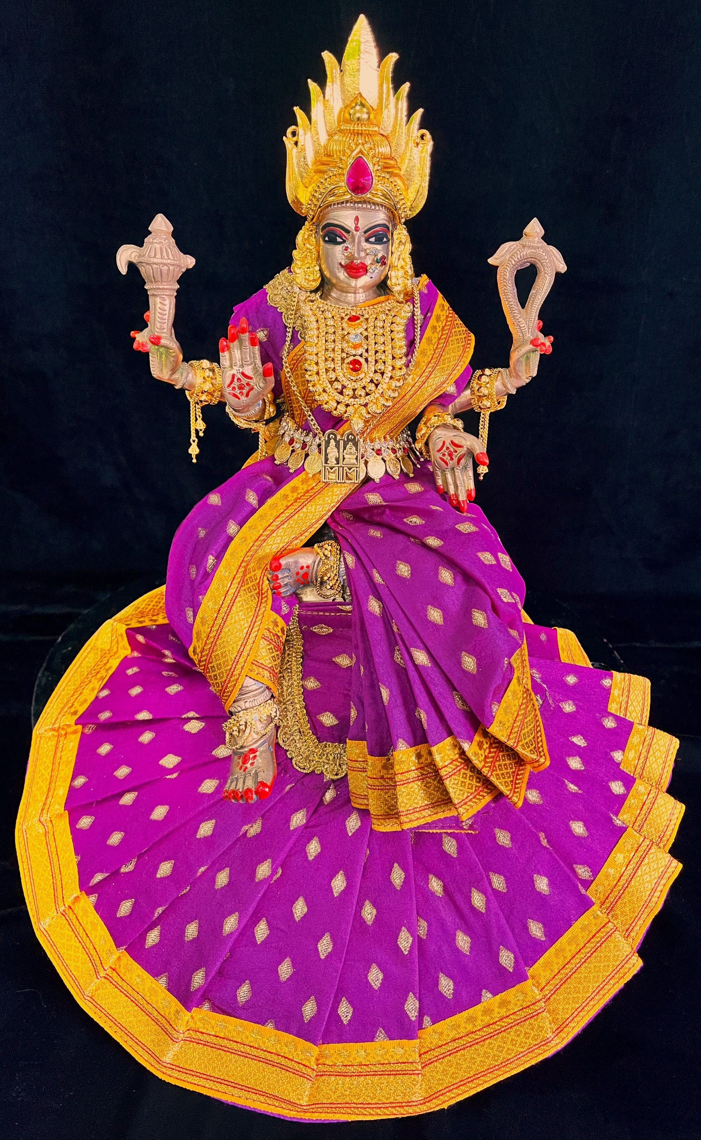 Royal Pre-Stitched Temple style ready saree made of Chanderi Silk (Not Pure Silk) - Purple saree with Yellow border 1