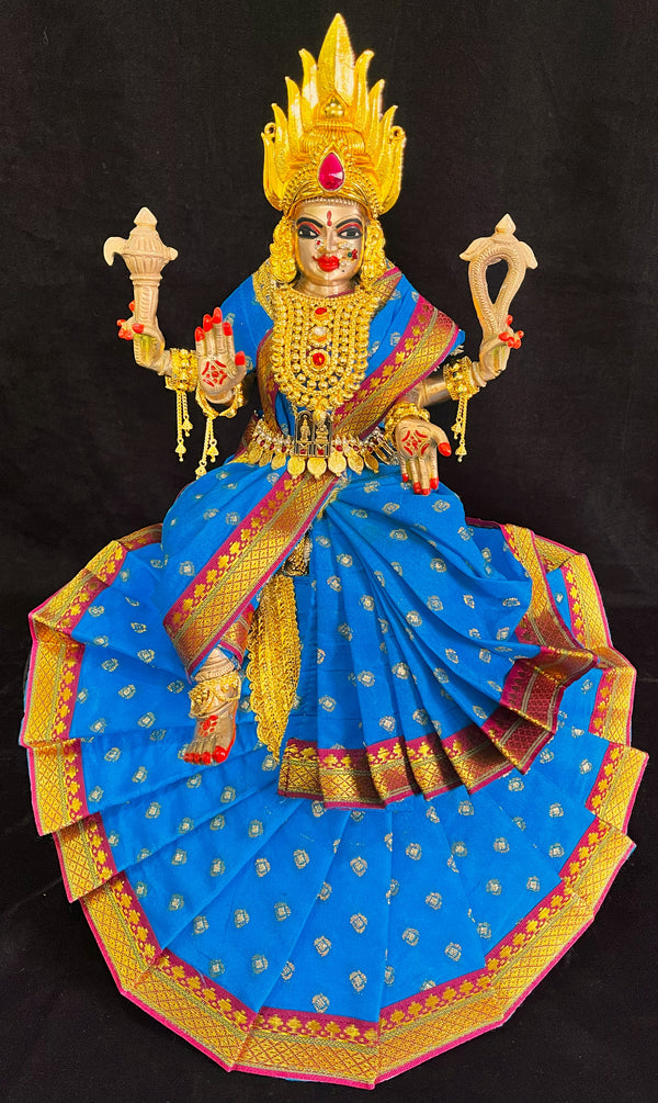 Royal Pre-Stitched Temple style ready saree made of Chanderi Silk (Not Pure Silk) - Sky Blue saree with Maroon border
