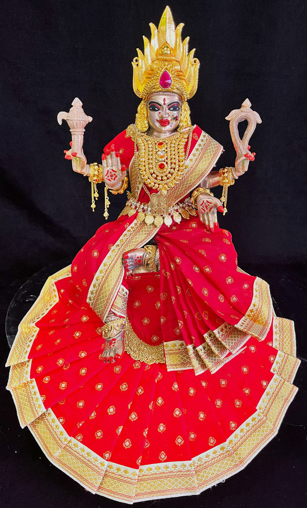 Royal Pre-Stitched Temple style ready saree made of Chanderi Silk (Not Pure Silk) - Red saree with White border