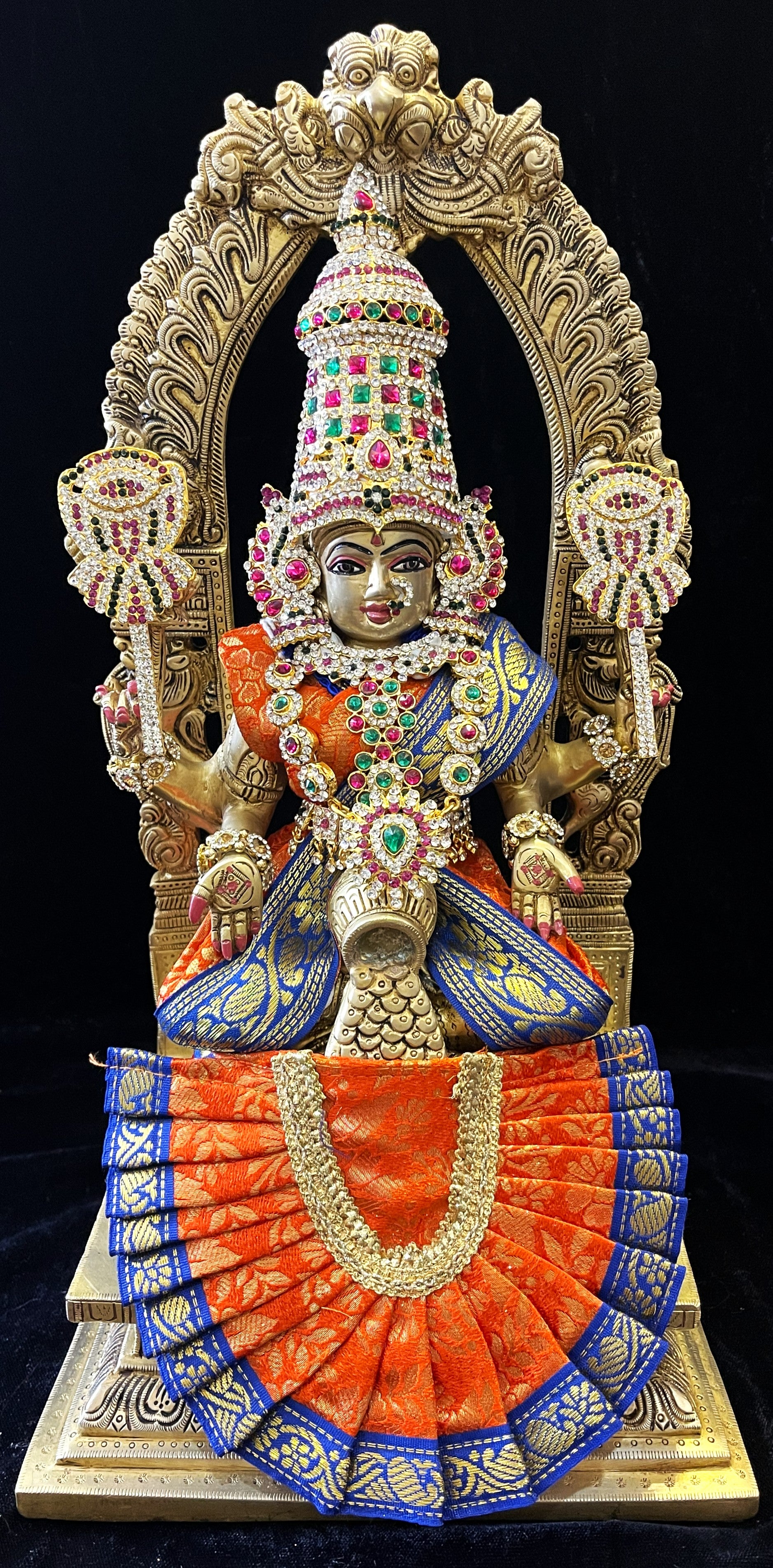 Deity Kamakshi Saree made of Brocade Silk (Not Pure Silk) - Orange Saree with Blue border, Orange blouse and Orange fan 1