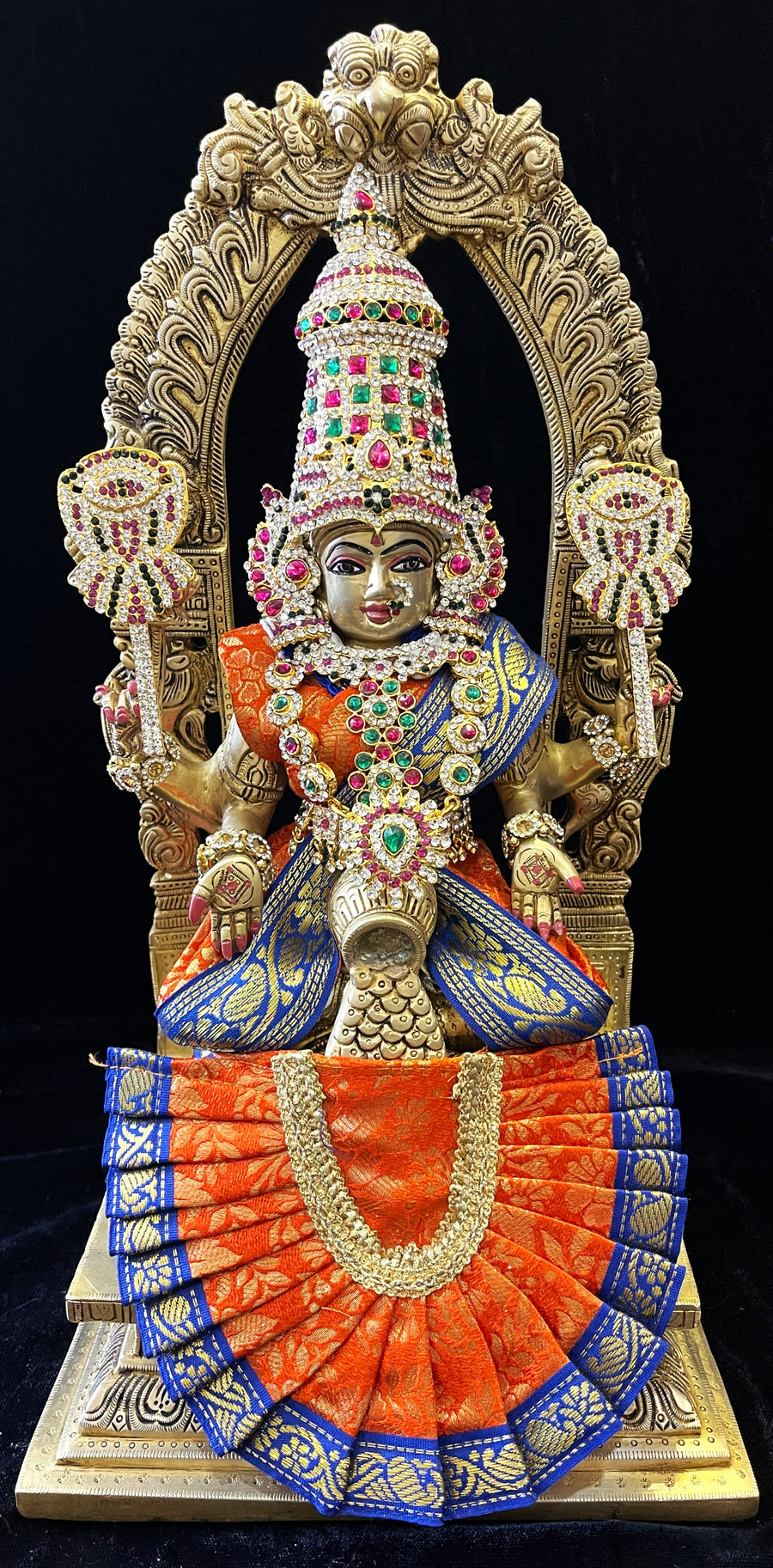 Deity Kamakshi Saree made of Brocade Silk (Not Pure Silk) - Orange Saree with Blue border, Orange blouse and Orange fan