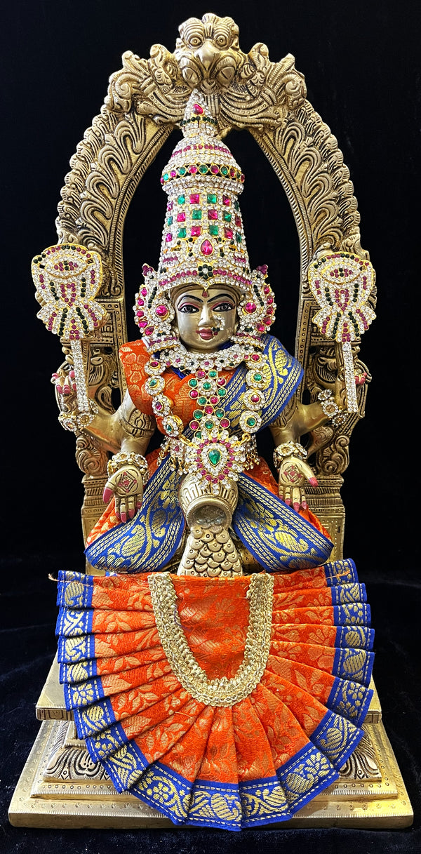 Deity Kamakshi Saree made of Brocade Silk (Not Pure Silk) - Orange Saree with Blue border, Orange blouse and Orange fan