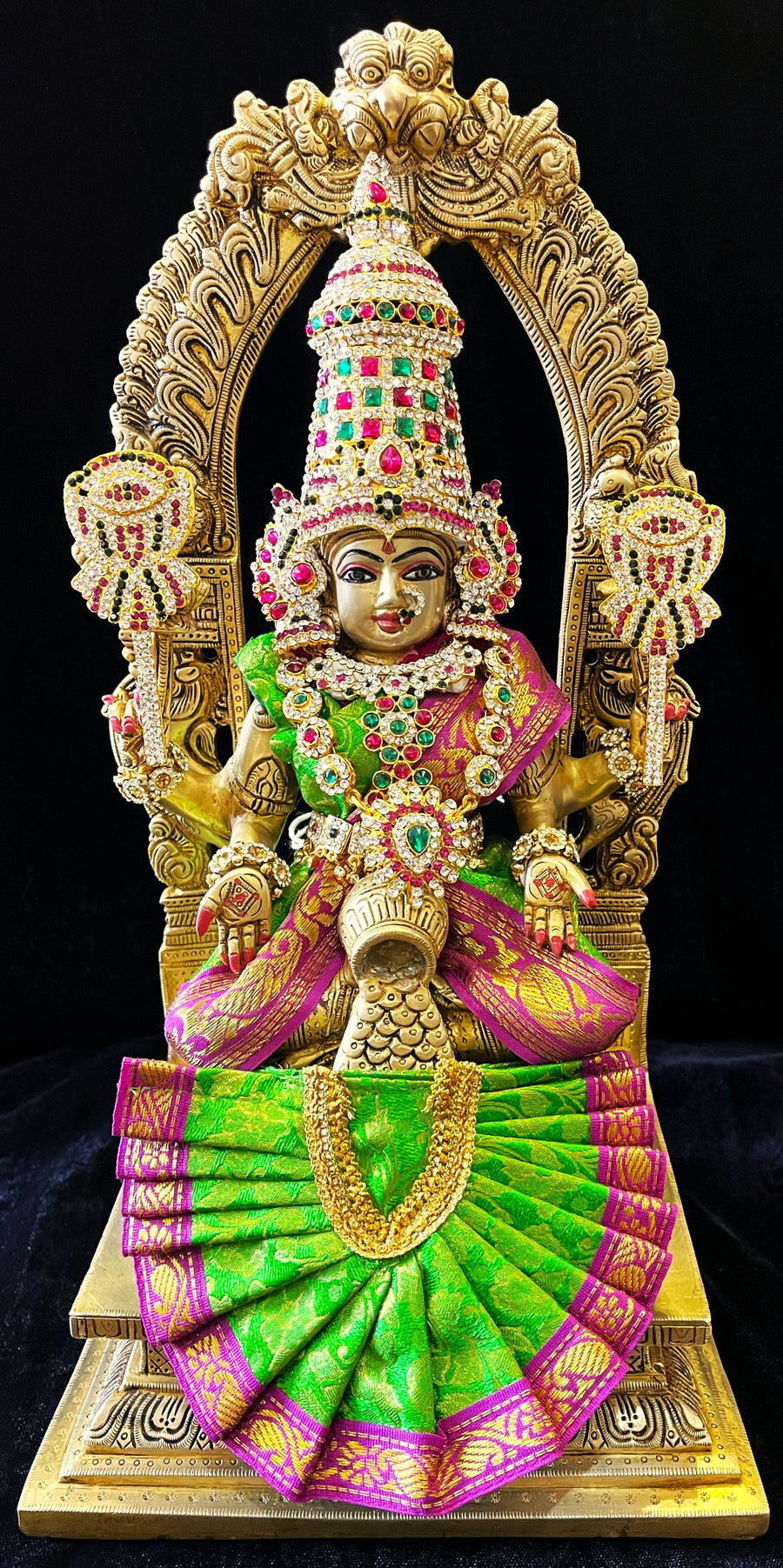 Deity Kamakshi Saree made of Brocade Silk (Not Pure Silk) - Green Saree with Pink Border, Green Blouse and Green Fan