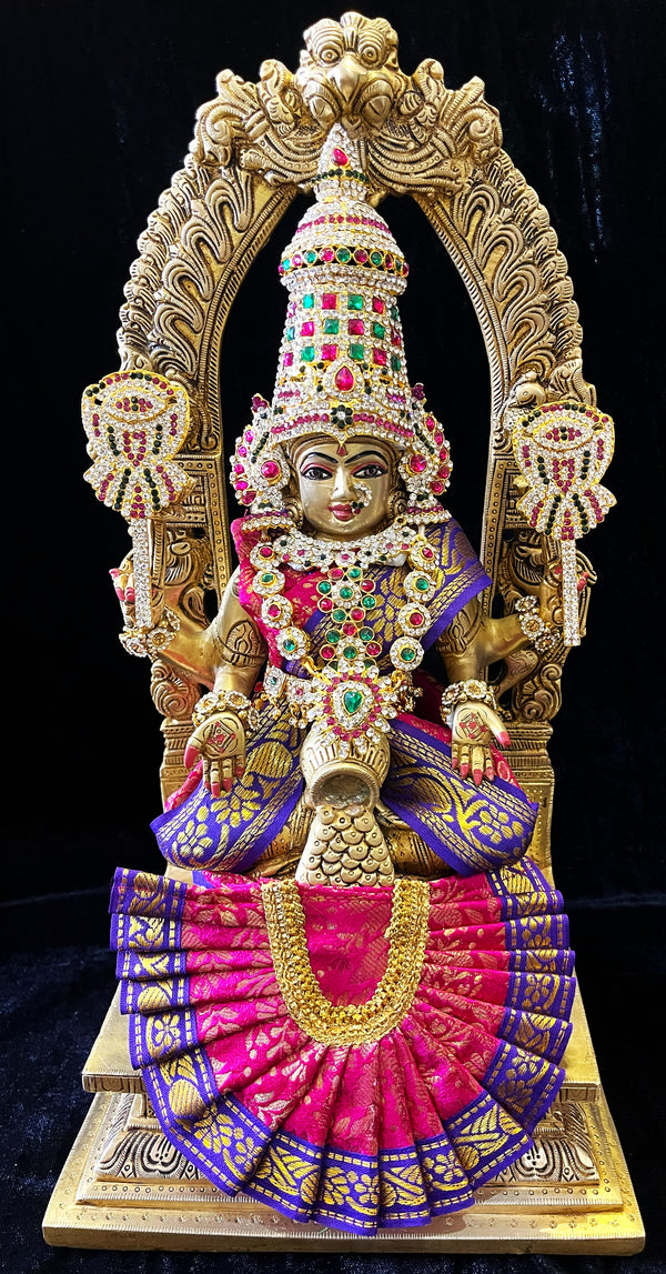 Deity Kamakshi Saree made of Brocade Silk (Not Pure Silk) - Pink Saree with Purple Border, Pink Blouse and Pink Fan