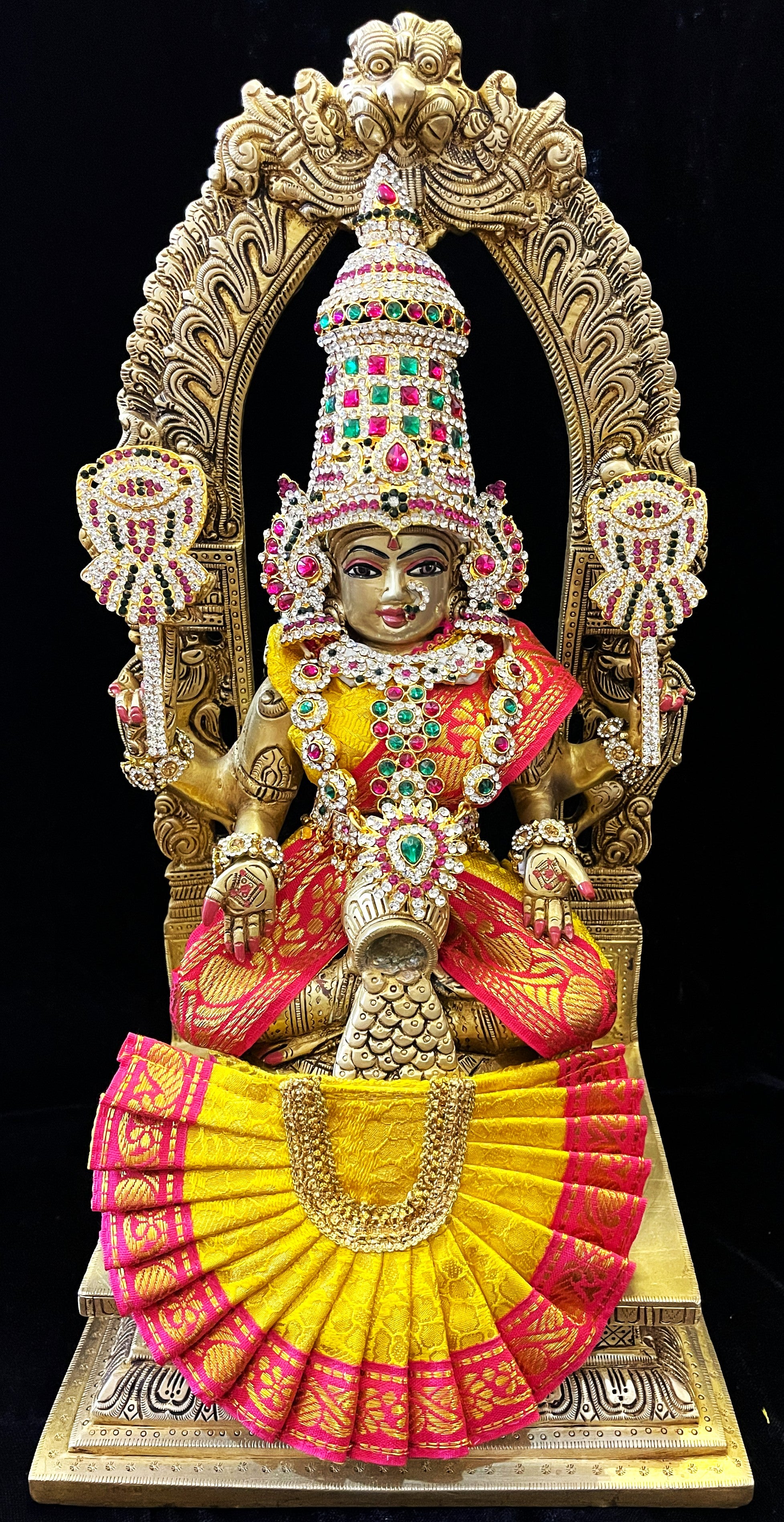 Deity Kamakshi Saree made of Brocade Silk (Not Pure Silk) - Yellow Saree with Red Border, Yellow Blouse and Yellow Fan 1