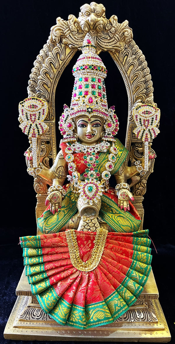 Deity Kamakshi Saree made of Brocade Silk (Not Pure Silk) - Red Saree with Green Border, Red Blouse and Red Fan