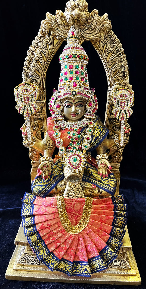 Deity Kamakshi Saree made of Brocade Silk (Not Pure Silk) - Peach Saree with Royal Blue Border, Peach Blouse and Peach Fan