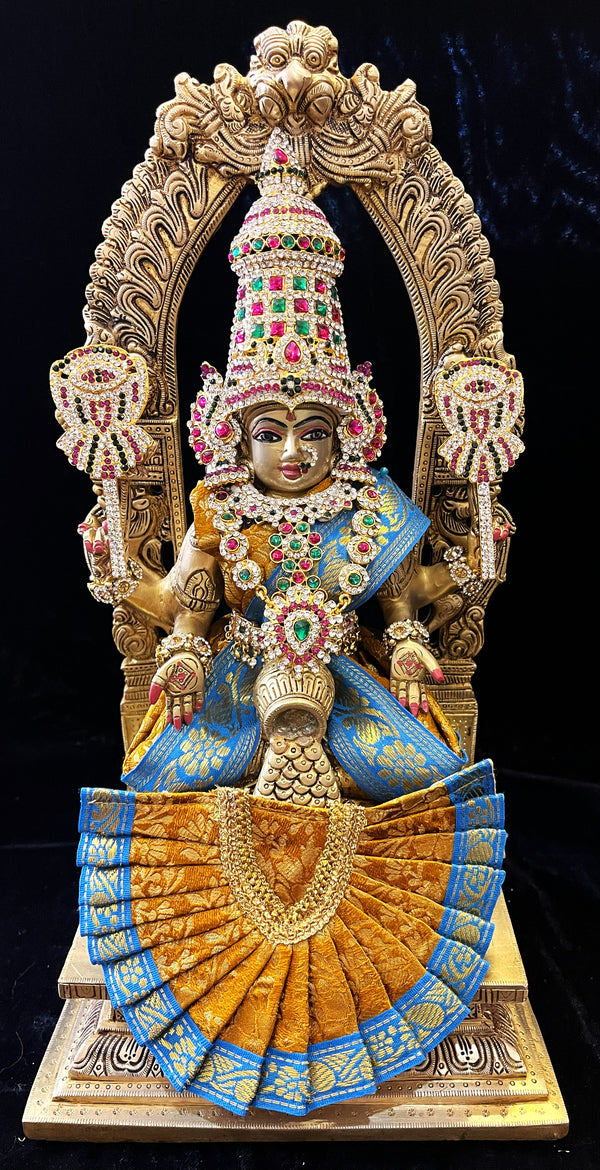Deity Kamakshi Saree made of Brocade Silk (Not Pure Silk) - Mustard Yellow Saree with Sky Blue Border, Mustard Yellow Blouse and Mustard Yellow Fan