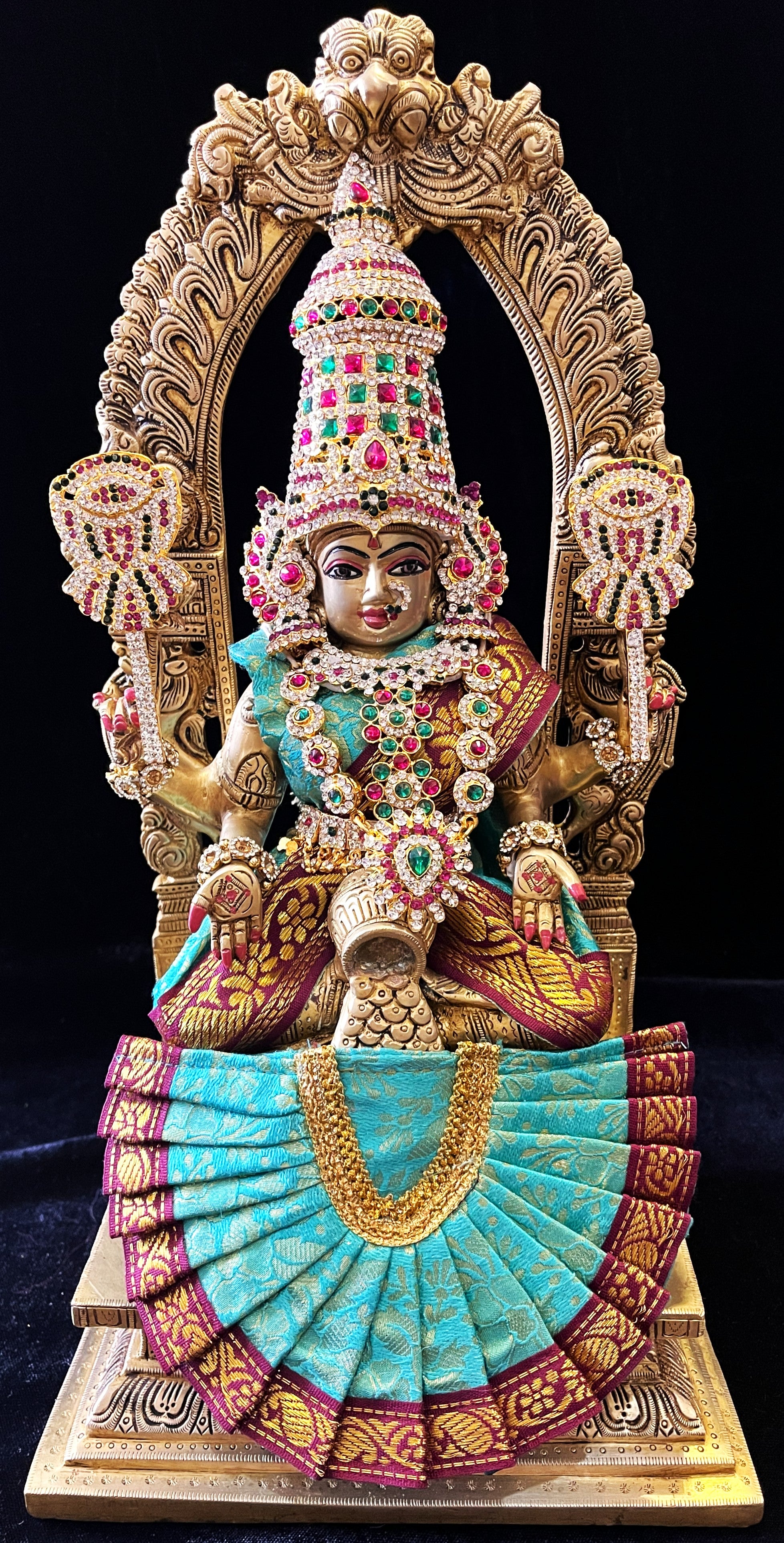 Deity Kamakshi Saree made of Brocade Silk (Not Pure Silk) - Aqua Blue Saree with Maroon border, Aqua Blue blouse and Aqua Blue Fan 1